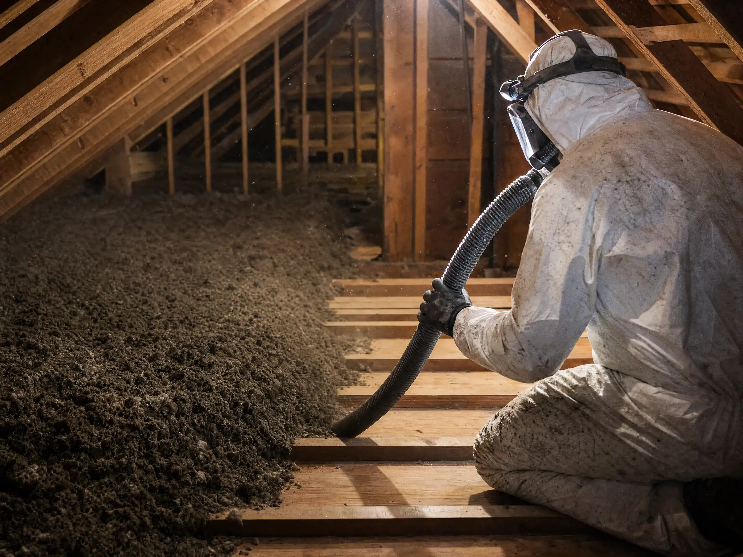 Technician in protective gear removing old insulation from an attic