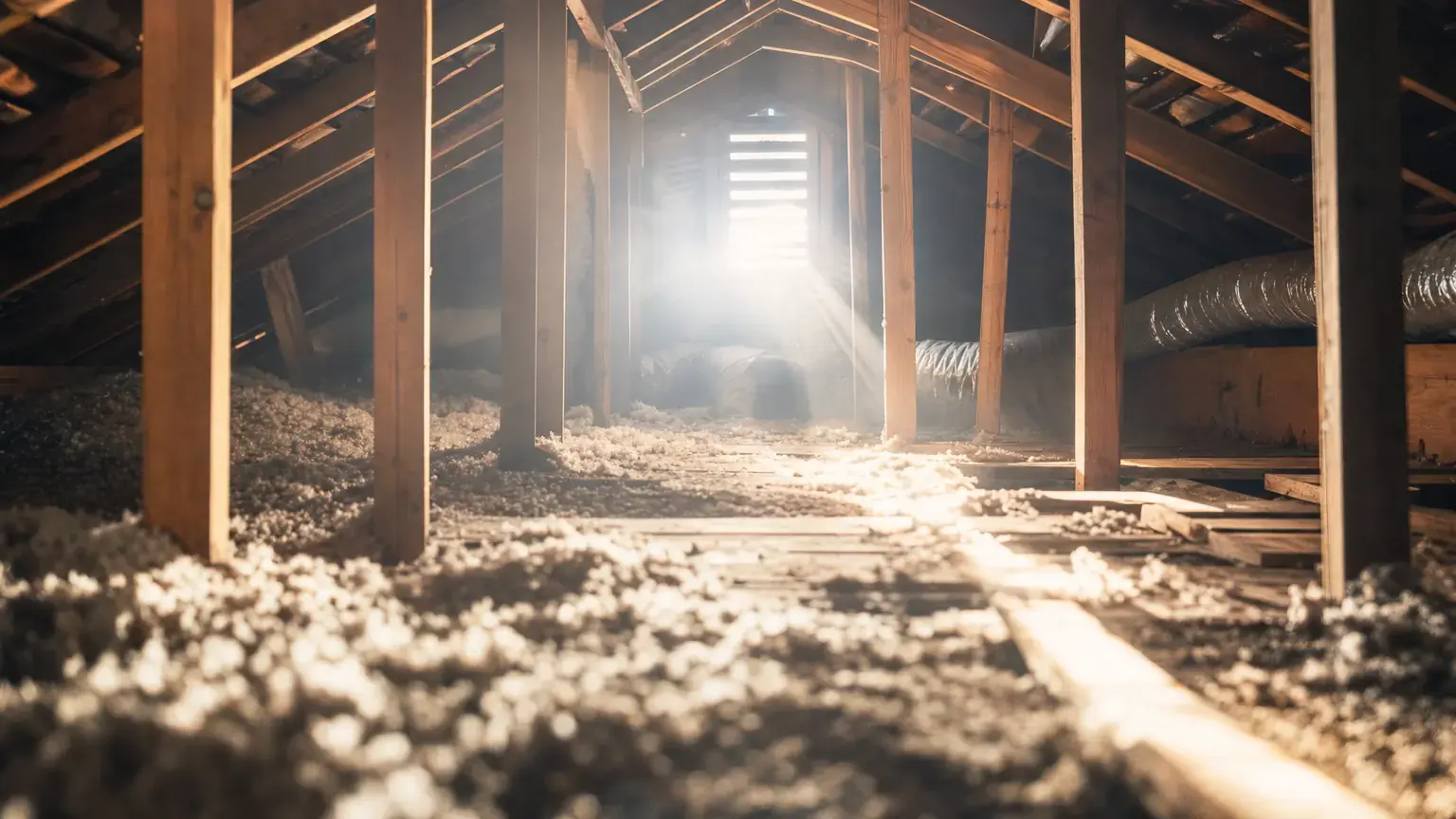 Sunlight blazing through a gable vent across the dusty rafters of a sun-baked residential attic at midday