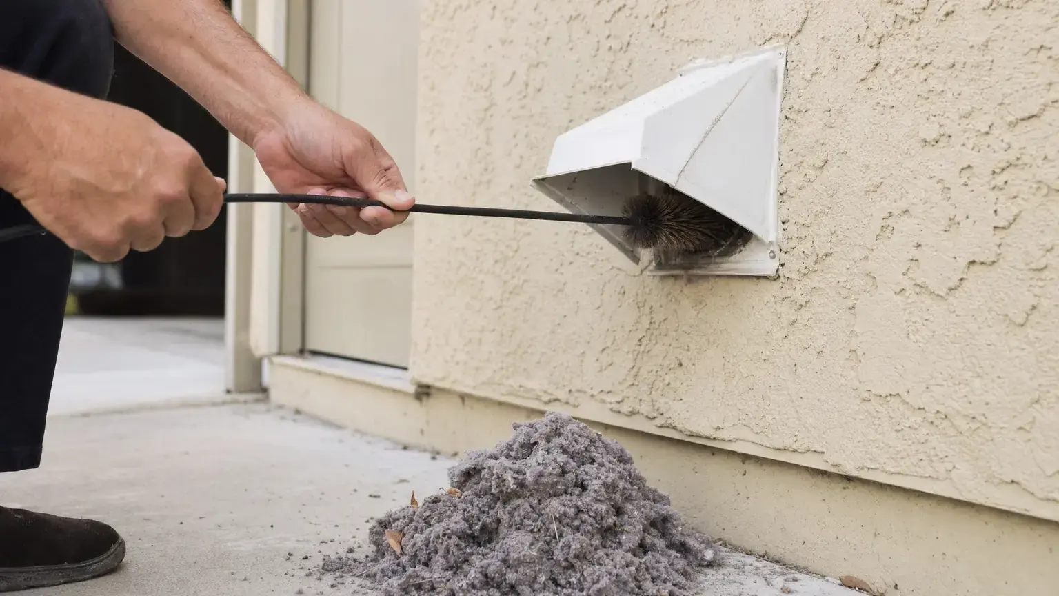 Rotary brush fed into a dryer vent duct at the exterior wall cap, with a clump of pulled lint on the ground