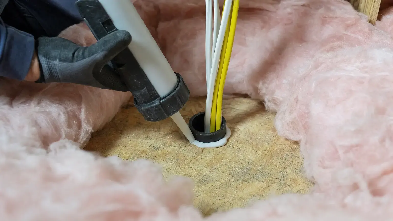 Sealant applied around a wiring penetration in an attic floor, with the insulation pulled back to expose the open gap