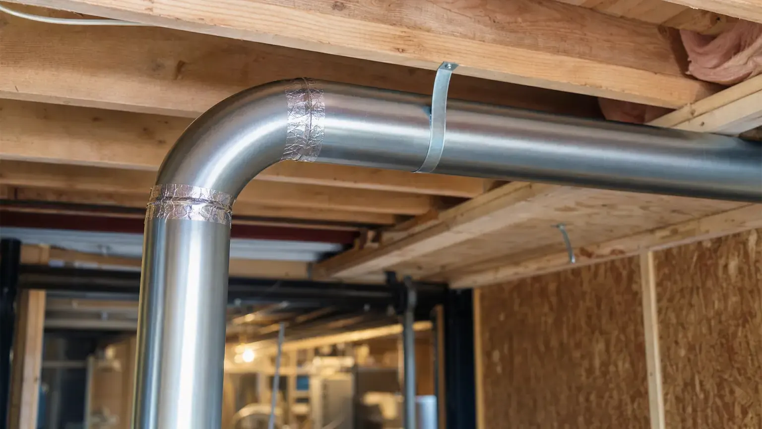 Rigid smooth-wall metal dryer duct running straight with one wide sweeping elbow and foil-taped joints