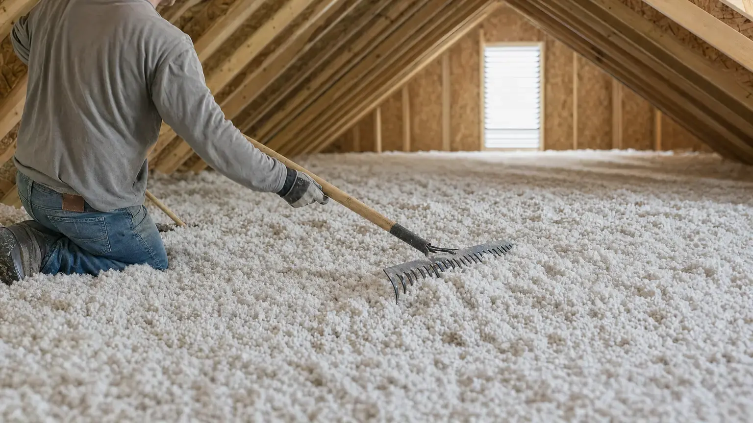 Fresh loose-fill insulation being levelled to an even depth across ceiling joists in a residential attic