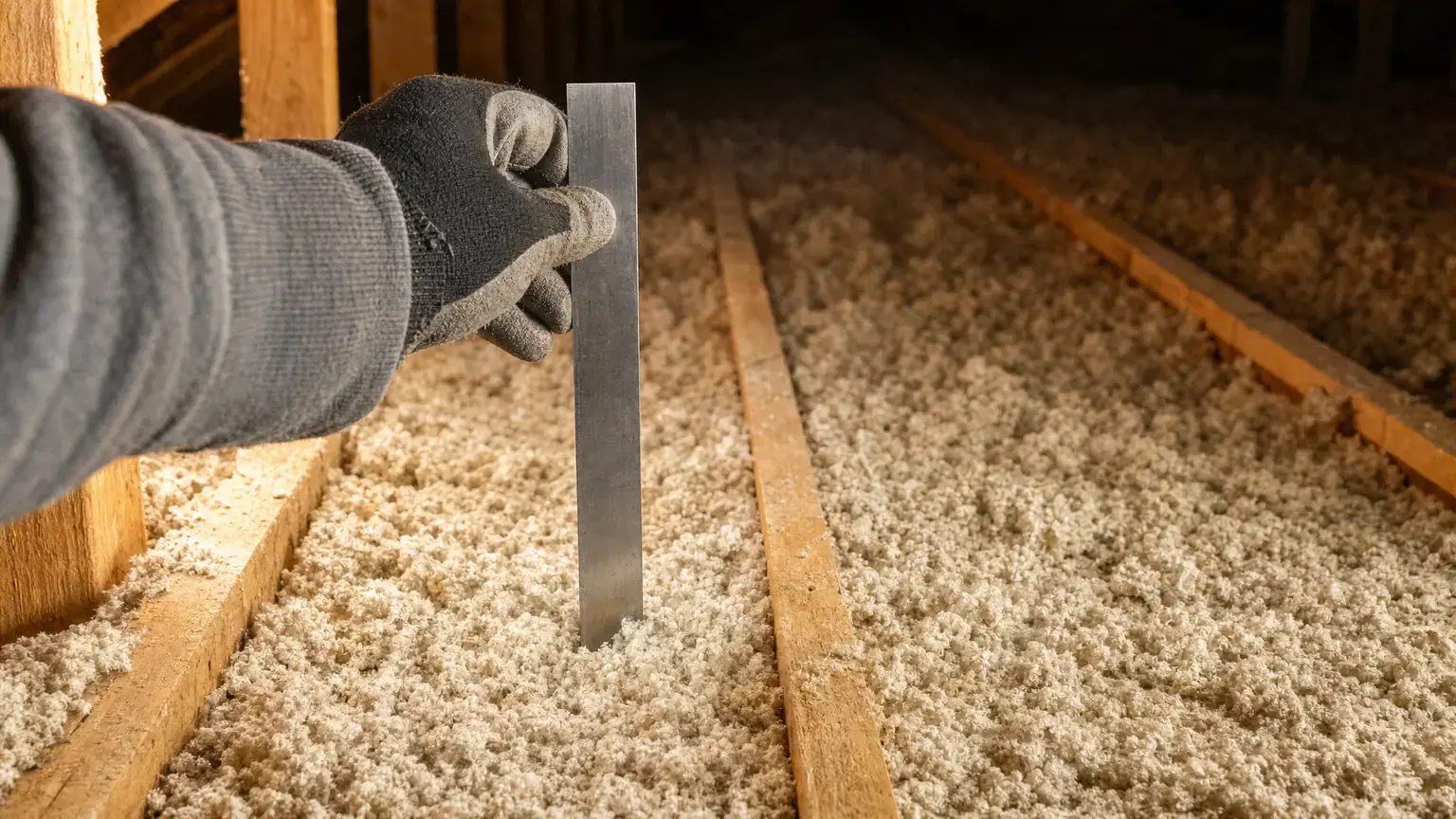 Steel ruler standing upright in loose-fill attic insulation to measure its installed depth between wood ceiling joists