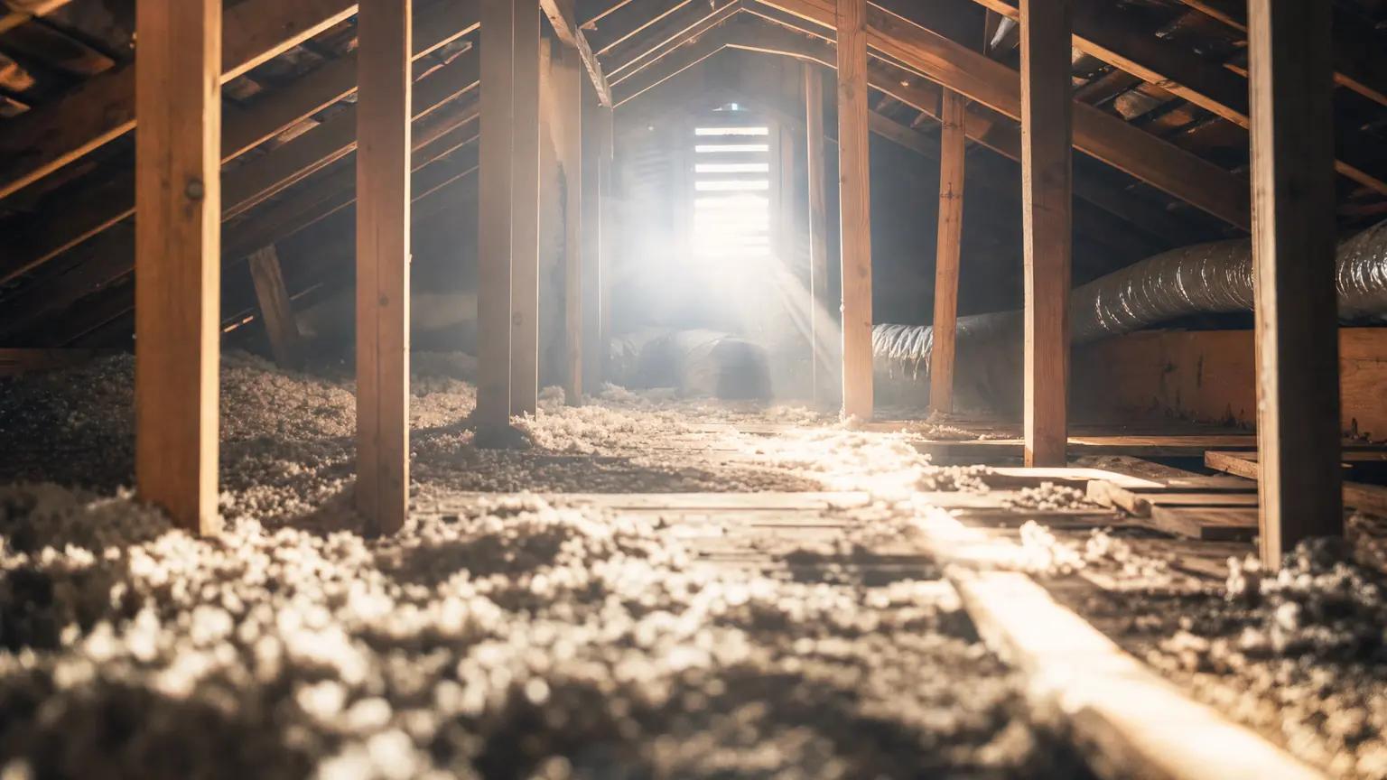 Sunlight blazing through a gable vent across the dusty rafters of a sun-baked residential attic at midday