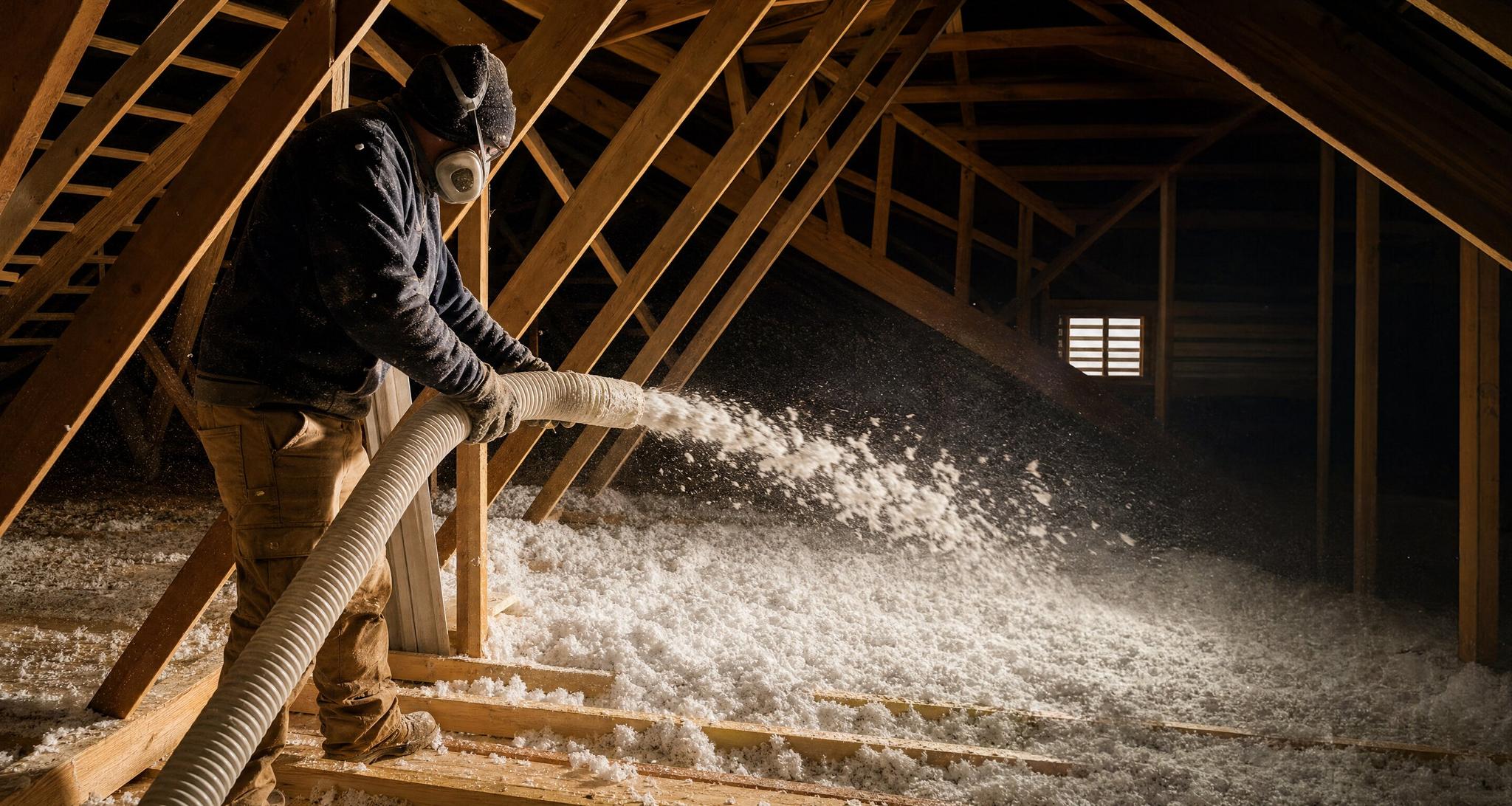 Insulation installer blowing loose-fill insulation across an attic floor in a Brevard County, FL home
