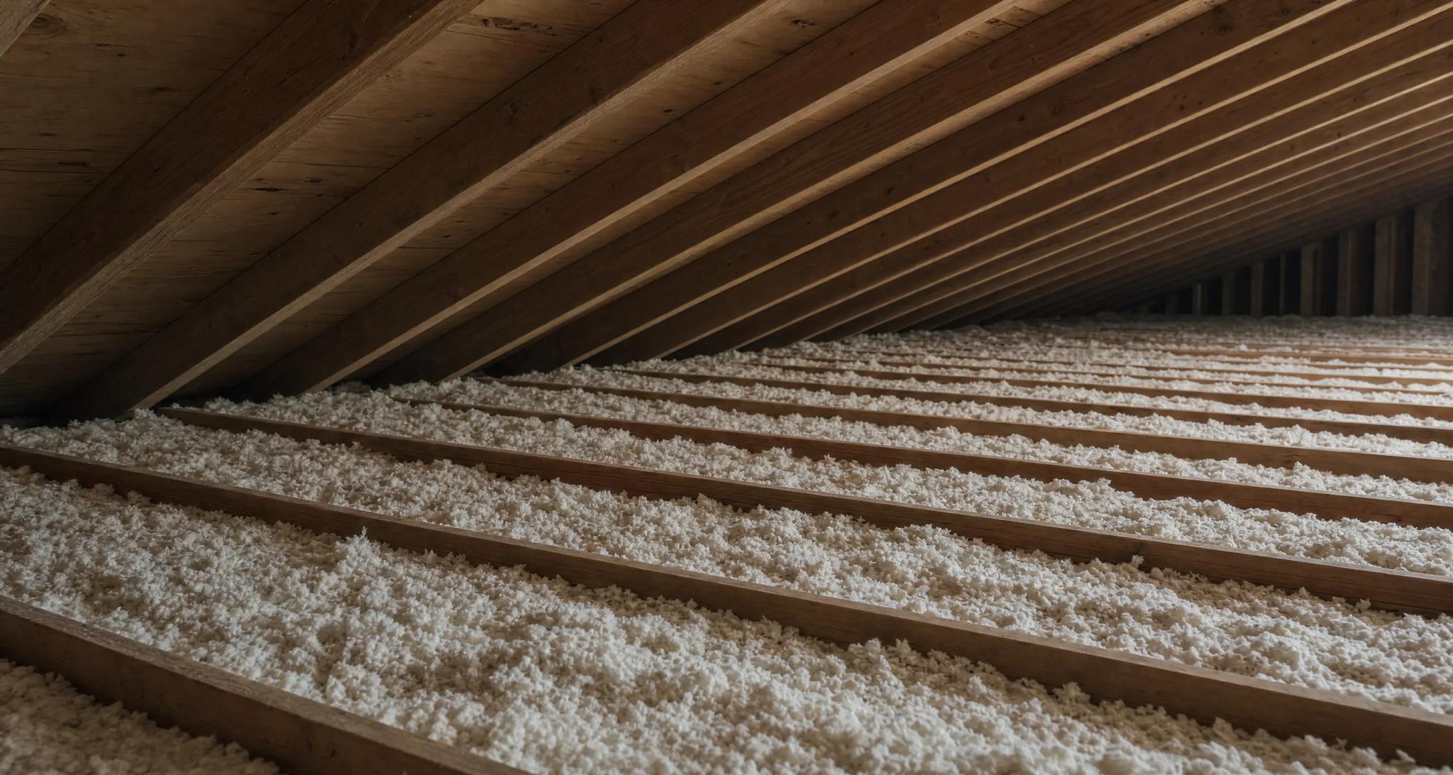 Run of attic ceiling joists packed with pale loose-fill insulation, receding into soft daylight under a plain roof deck