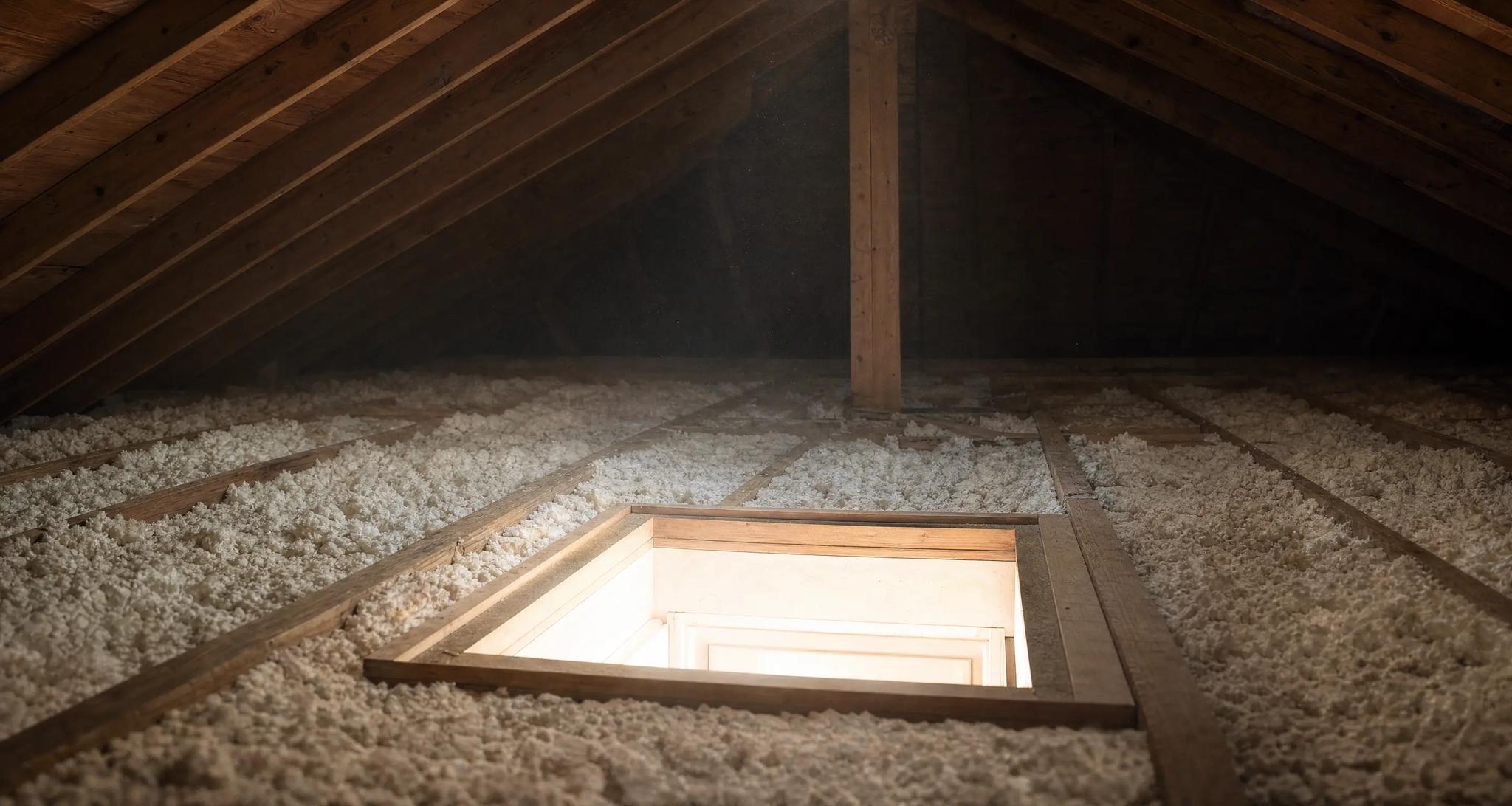 Open scuttle hatch in an attic floor with daylight rising through the opening, between exposed ceiling joists packed with pale loose-fill insulation