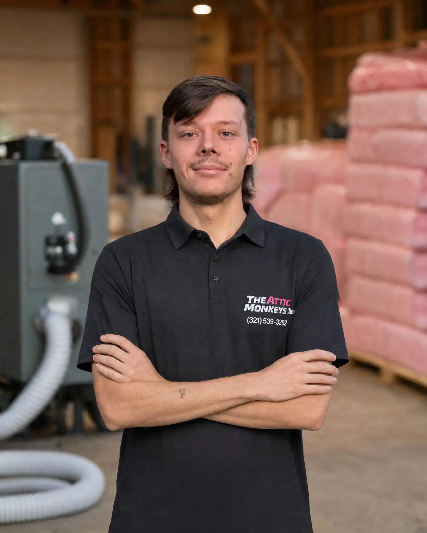 Matt Bunker, owner of The Attic Monkeys, standing in front of insulation-blowing equipment and stacked fiberglass bags